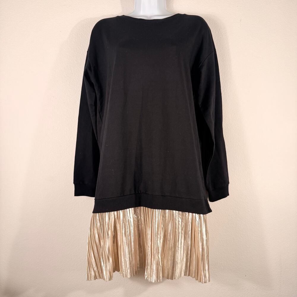 NWT Massimo Fabbro Black Gold Pleated Hem Sweatshirt Mini Dress Medium